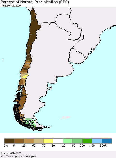 Chile Percent of Normal Precipitation (CPC) Thematic Map For 8/10/2020 - 8/16/2020