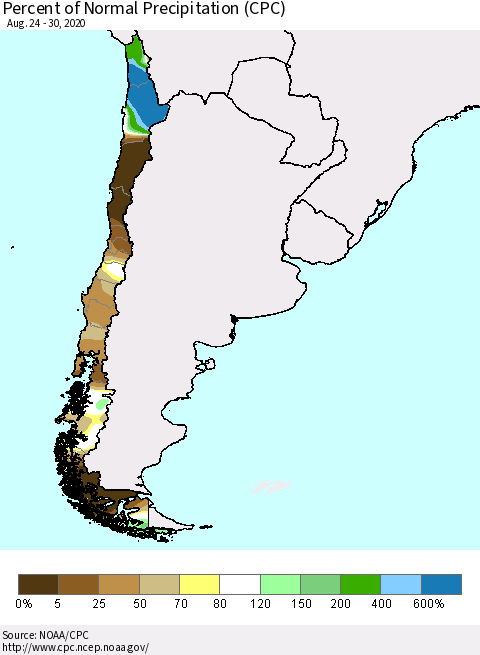 Chile Percent of Normal Precipitation (CPC) Thematic Map For 8/24/2020 - 8/30/2020