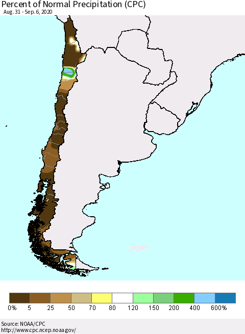 Chile Percent of Normal Precipitation (CPC) Thematic Map For 8/31/2020 - 9/6/2020