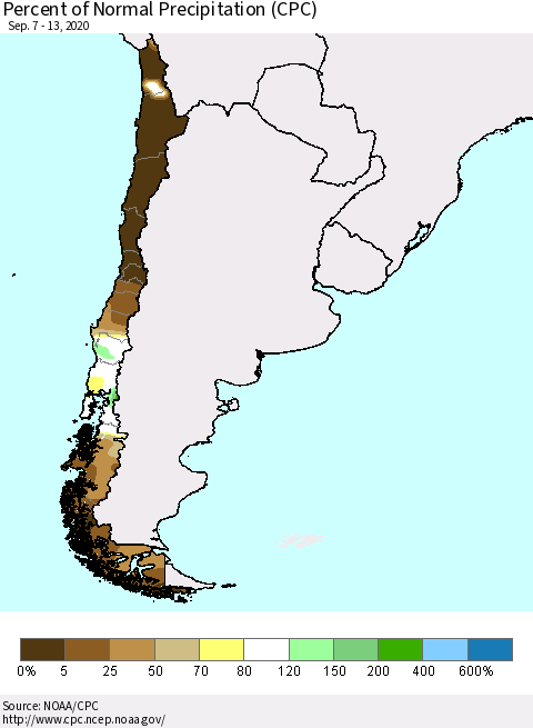 Chile Percent of Normal Precipitation (CPC) Thematic Map For 9/7/2020 - 9/13/2020