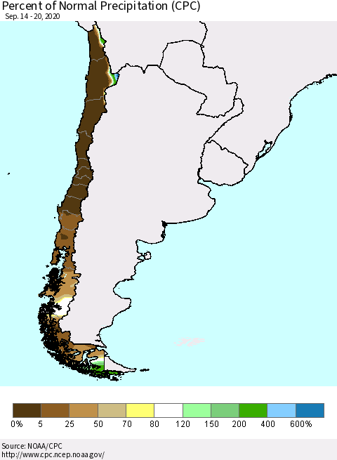 Chile Percent of Normal Precipitation (CPC) Thematic Map For 9/14/2020 - 9/20/2020