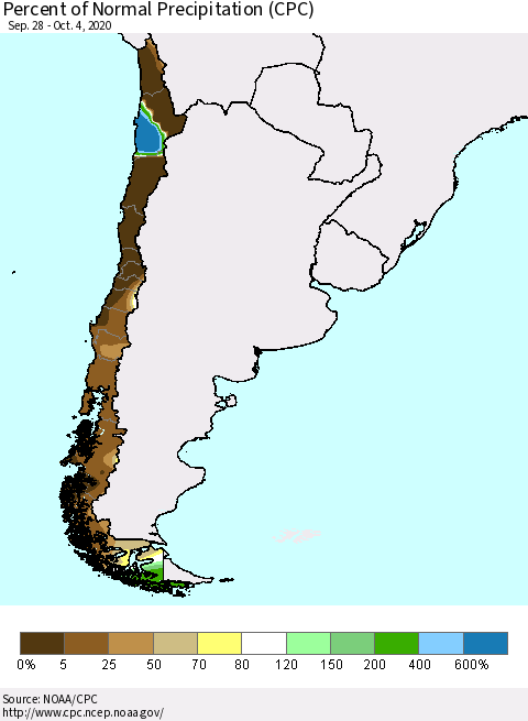 Chile Percent of Normal Precipitation (CPC) Thematic Map For 9/28/2020 - 10/4/2020