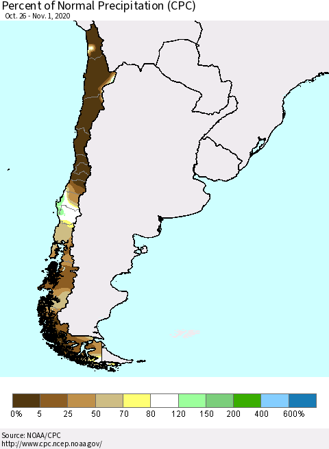 Chile Percent of Normal Precipitation (CPC) Thematic Map For 10/26/2020 - 11/1/2020