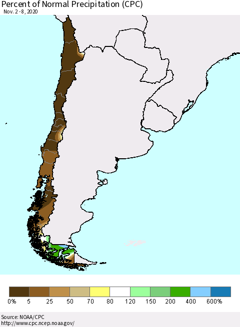 Chile Percent of Normal Precipitation (CPC) Thematic Map For 11/2/2020 - 11/8/2020