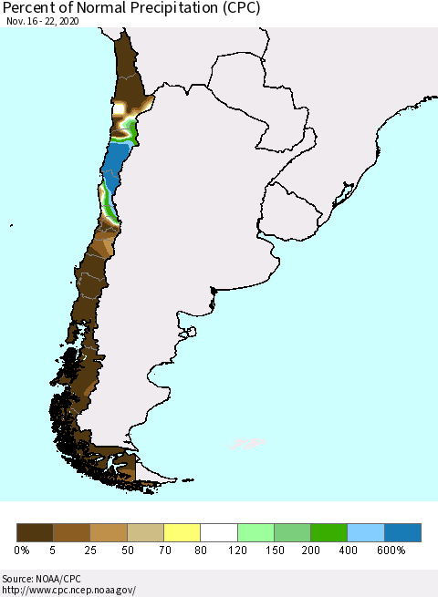 Chile Percent of Normal Precipitation (CPC) Thematic Map For 11/16/2020 - 11/22/2020