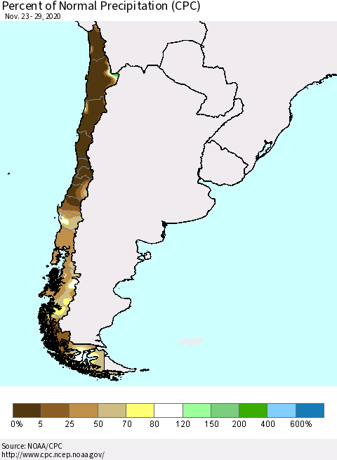 Chile Percent of Normal Precipitation (CPC) Thematic Map For 11/23/2020 - 11/29/2020