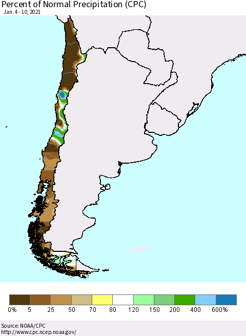 Chile Percent of Normal Precipitation (CPC) Thematic Map For 1/4/2021 - 1/10/2021