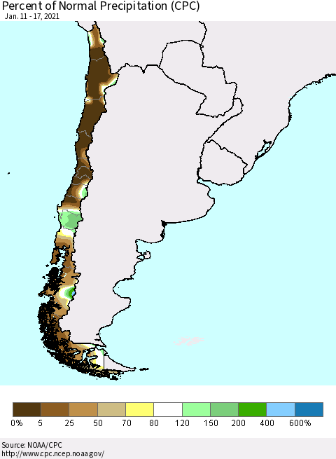 Chile Percent of Normal Precipitation (CPC) Thematic Map For 1/11/2021 - 1/17/2021