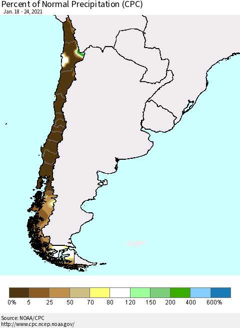 Chile Percent of Normal Precipitation (CPC) Thematic Map For 1/18/2021 - 1/24/2021