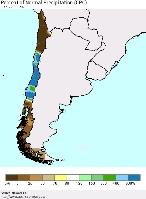 Chile Percent of Normal Precipitation (CPC) Thematic Map For 1/25/2021 - 1/31/2021