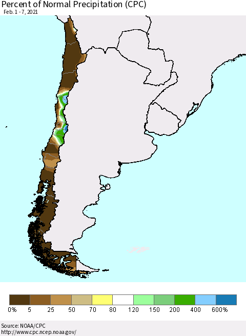 Chile Percent of Normal Precipitation (CPC) Thematic Map For 2/1/2021 - 2/7/2021