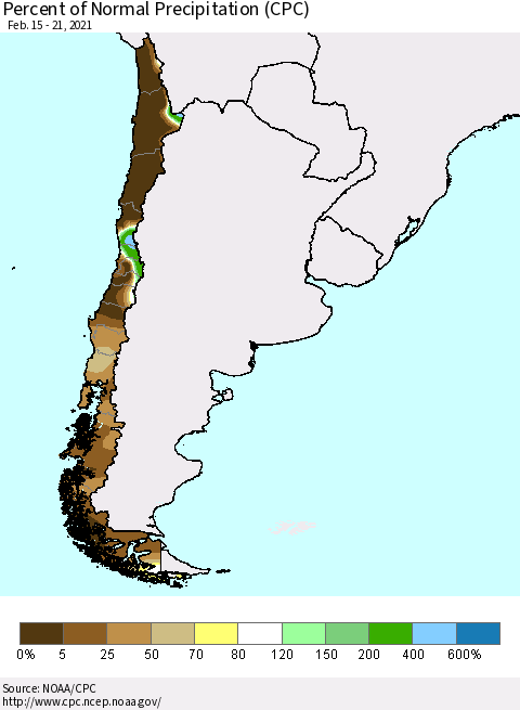 Chile Percent of Normal Precipitation (CPC) Thematic Map For 2/15/2021 - 2/21/2021