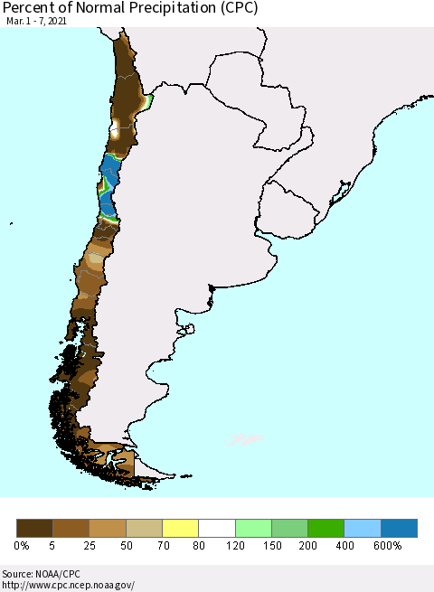 Chile Percent of Normal Precipitation (CPC) Thematic Map For 3/1/2021 - 3/7/2021