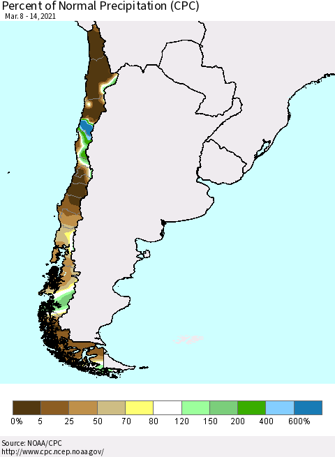 Chile Percent of Normal Precipitation (CPC) Thematic Map For 3/8/2021 - 3/14/2021