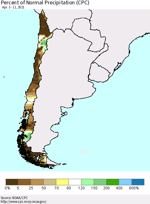 Chile Percent of Normal Precipitation (CPC) Thematic Map For 4/5/2021 - 4/11/2021