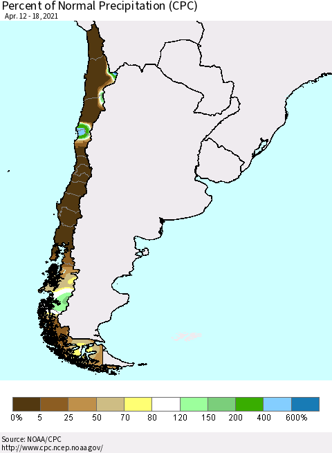 Chile Percent of Normal Precipitation (CPC) Thematic Map For 4/12/2021 - 4/18/2021