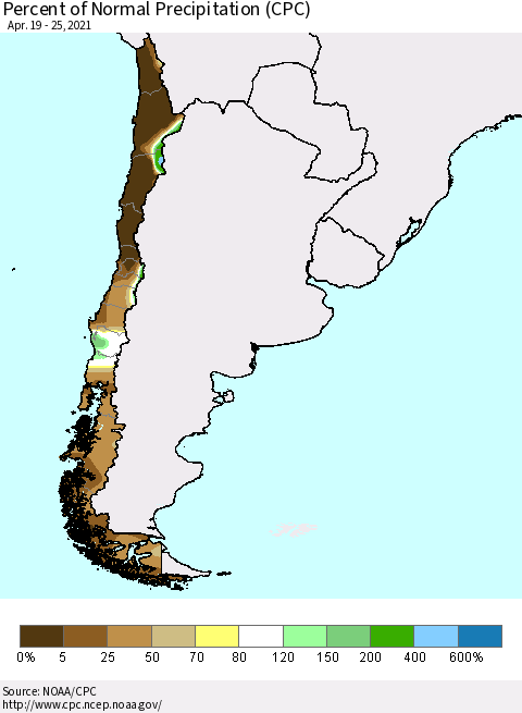 Chile Percent of Normal Precipitation (CPC) Thematic Map For 4/19/2021 - 4/25/2021