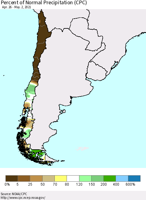 Chile Percent of Normal Precipitation (CPC) Thematic Map For 4/26/2021 - 5/2/2021