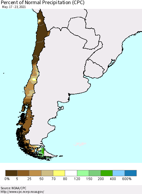 Chile Percent of Normal Precipitation (CPC) Thematic Map For 5/17/2021 - 5/23/2021