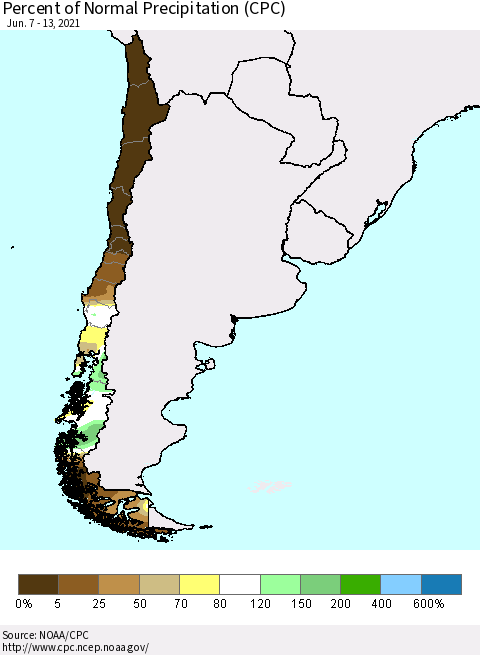 Chile Percent of Normal Precipitation (CPC) Thematic Map For 6/7/2021 - 6/13/2021