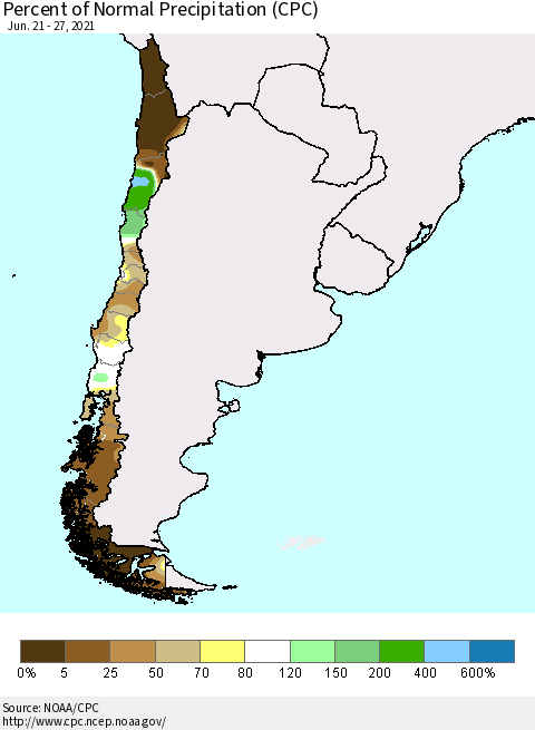 Chile Percent of Normal Precipitation (CPC) Thematic Map For 6/21/2021 - 6/27/2021