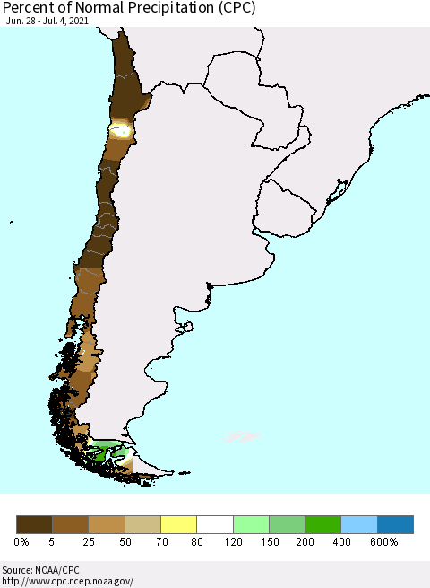 Chile Percent of Normal Precipitation (CPC) Thematic Map For 6/28/2021 - 7/4/2021