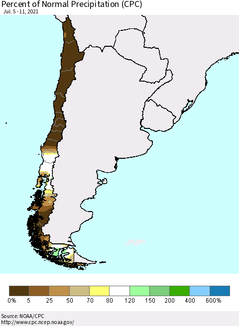 Chile Percent of Normal Precipitation (CPC) Thematic Map For 7/5/2021 - 7/11/2021