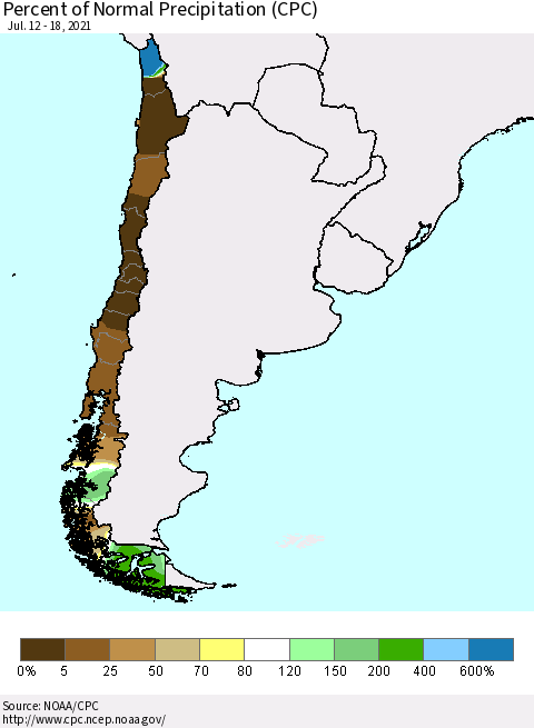 Chile Percent of Normal Precipitation (CPC) Thematic Map For 7/12/2021 - 7/18/2021