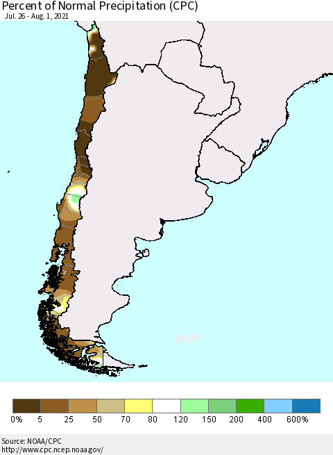 Chile Percent of Normal Precipitation (CPC) Thematic Map For 7/26/2021 - 8/1/2021
