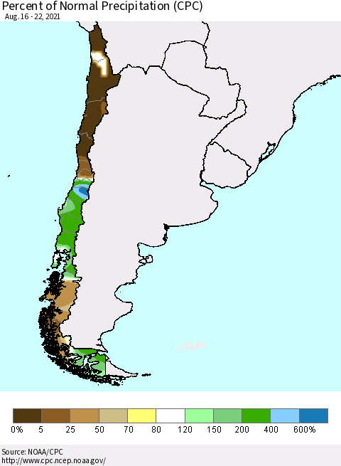 Chile Percent of Normal Precipitation (CPC) Thematic Map For 8/16/2021 - 8/22/2021