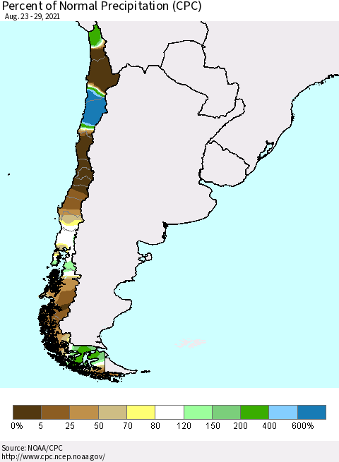 Chile Percent of Normal Precipitation (CPC) Thematic Map For 8/23/2021 - 8/29/2021