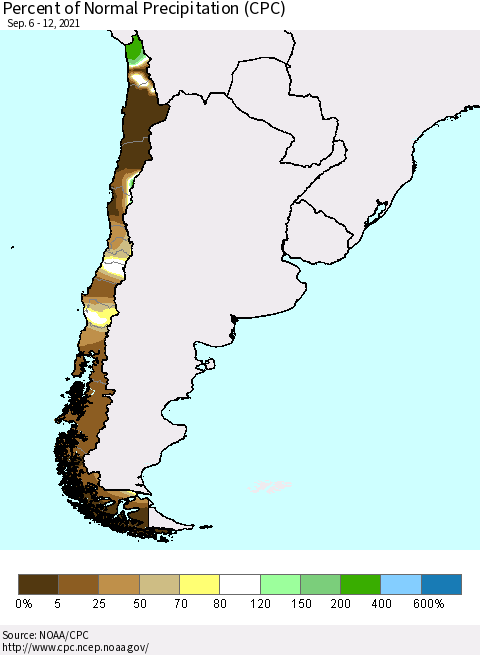 Chile Percent of Normal Precipitation (CPC) Thematic Map For 9/6/2021 - 9/12/2021