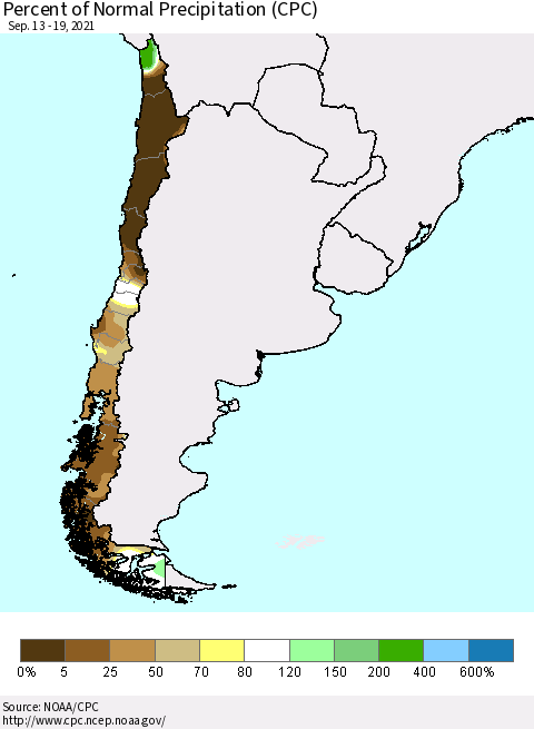 Chile Percent of Normal Precipitation (CPC) Thematic Map For 9/13/2021 - 9/19/2021