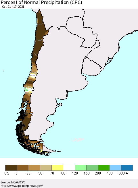 Chile Percent of Normal Precipitation (CPC) Thematic Map For 10/11/2021 - 10/17/2021