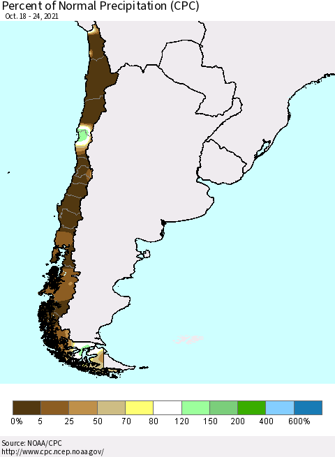 Chile Percent of Normal Precipitation (CPC) Thematic Map For 10/18/2021 - 10/24/2021