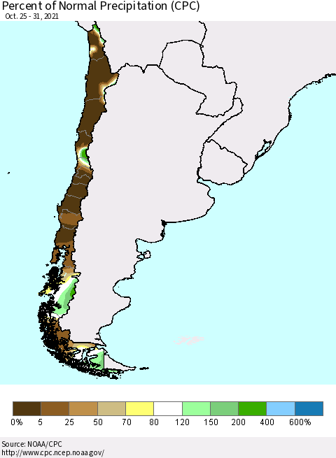 Chile Percent of Normal Precipitation (CPC) Thematic Map For 10/25/2021 - 10/31/2021