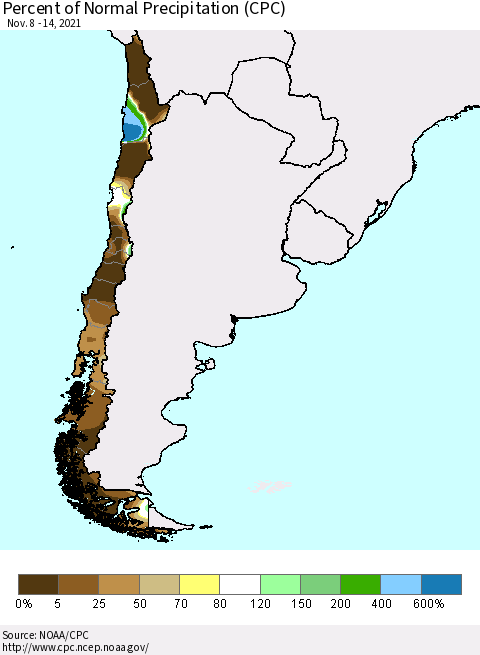 Chile Percent of Normal Precipitation (CPC) Thematic Map For 11/8/2021 - 11/14/2021