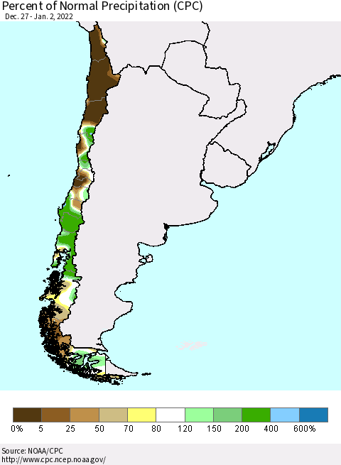 Chile Percent of Normal Precipitation (CPC) Thematic Map For 12/27/2021 - 1/2/2022