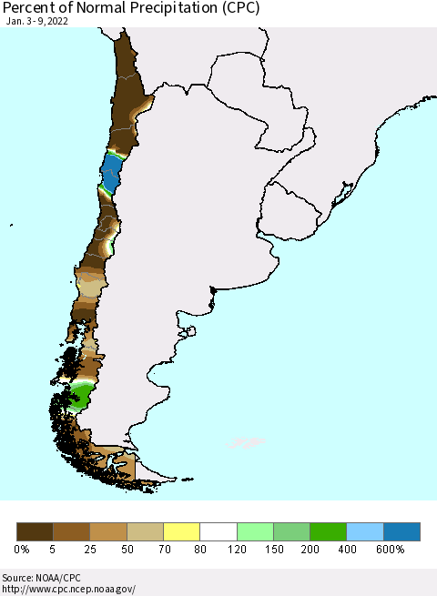Chile Percent of Normal Precipitation (CPC) Thematic Map For 1/3/2022 - 1/9/2022