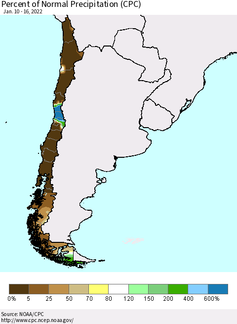 Chile Percent of Normal Precipitation (CPC) Thematic Map For 1/10/2022 - 1/16/2022