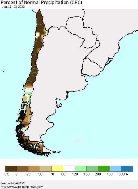 Chile Percent of Normal Precipitation (CPC) Thematic Map For 1/17/2022 - 1/23/2022