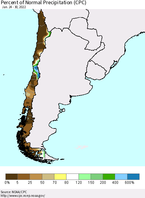 Chile Percent of Normal Precipitation (CPC) Thematic Map For 1/24/2022 - 1/30/2022