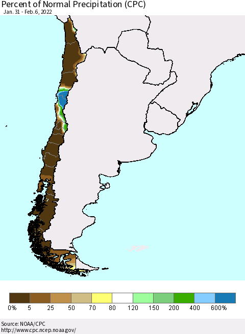 Chile Percent of Normal Precipitation (CPC) Thematic Map For 1/31/2022 - 2/6/2022