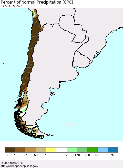 Chile Percent of Normal Precipitation (CPC) Thematic Map For 2/14/2022 - 2/20/2022