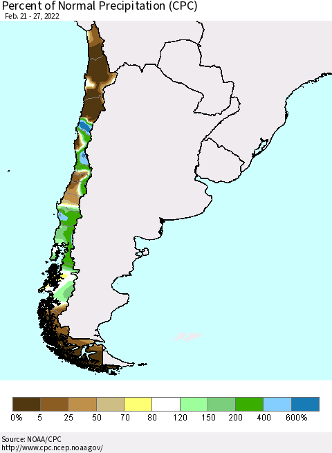 Chile Percent of Normal Precipitation (CPC) Thematic Map For 2/21/2022 - 2/27/2022