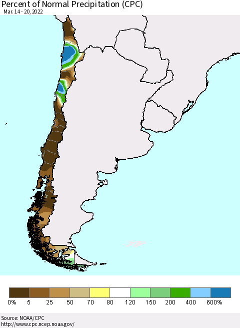 Chile Percent of Normal Precipitation (CPC) Thematic Map For 3/14/2022 - 3/20/2022