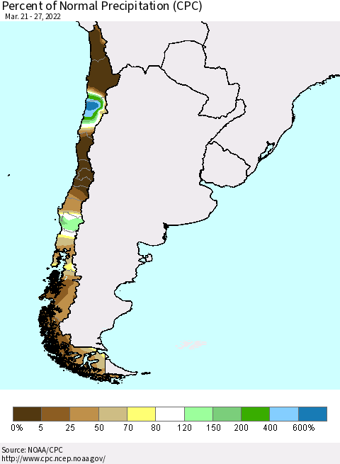 Chile Percent of Normal Precipitation (CPC) Thematic Map For 3/21/2022 - 3/27/2022