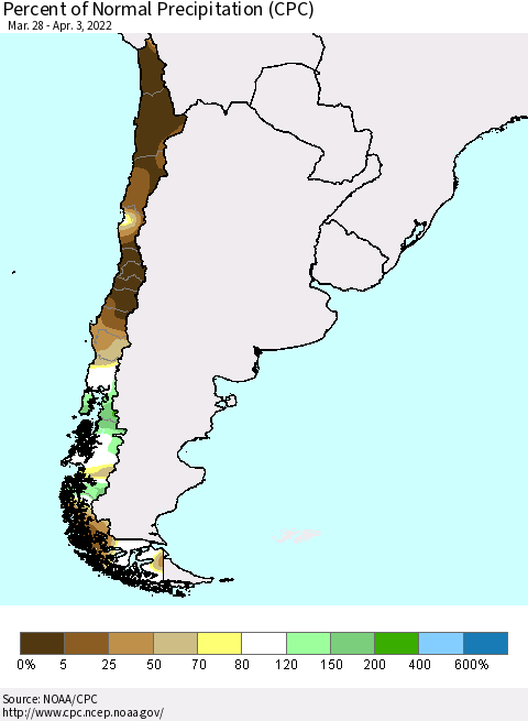 Chile Percent of Normal Precipitation (CPC) Thematic Map For 3/28/2022 - 4/3/2022