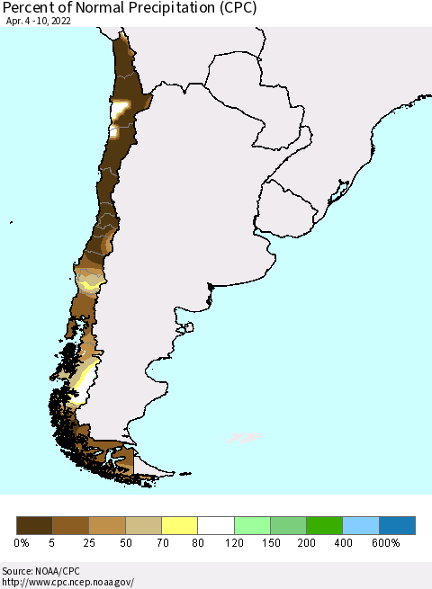 Chile Percent of Normal Precipitation (CPC) Thematic Map For 4/4/2022 - 4/10/2022