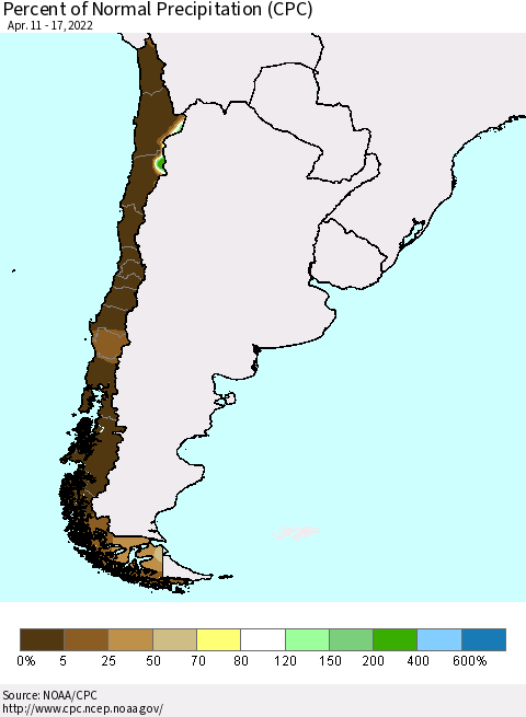 Chile Percent of Normal Precipitation (CPC) Thematic Map For 4/11/2022 - 4/17/2022